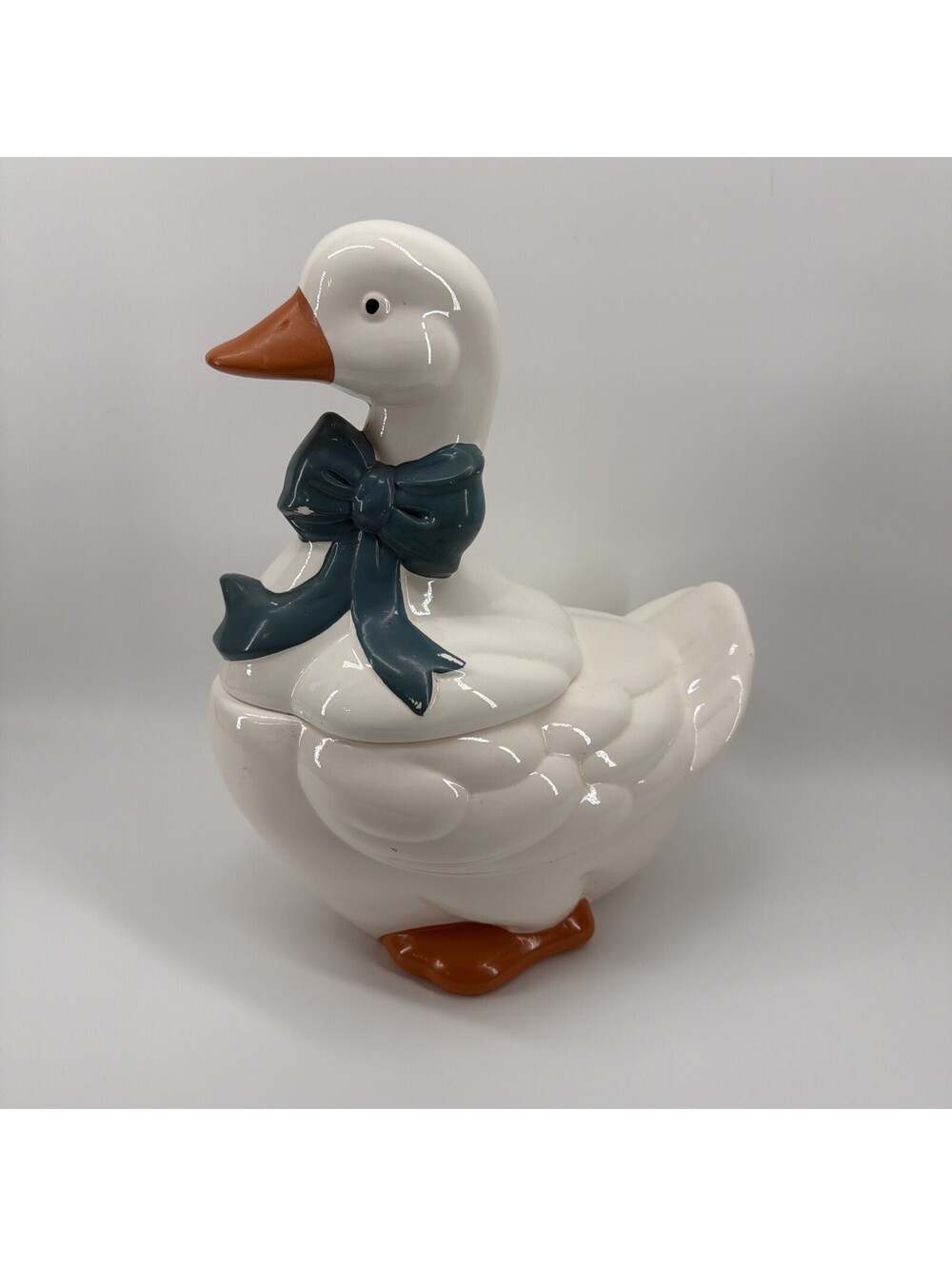 VTG Mother Goose Ceramic Cookie Jar Blue Ribbon Bow Orange Feet Cottagecore